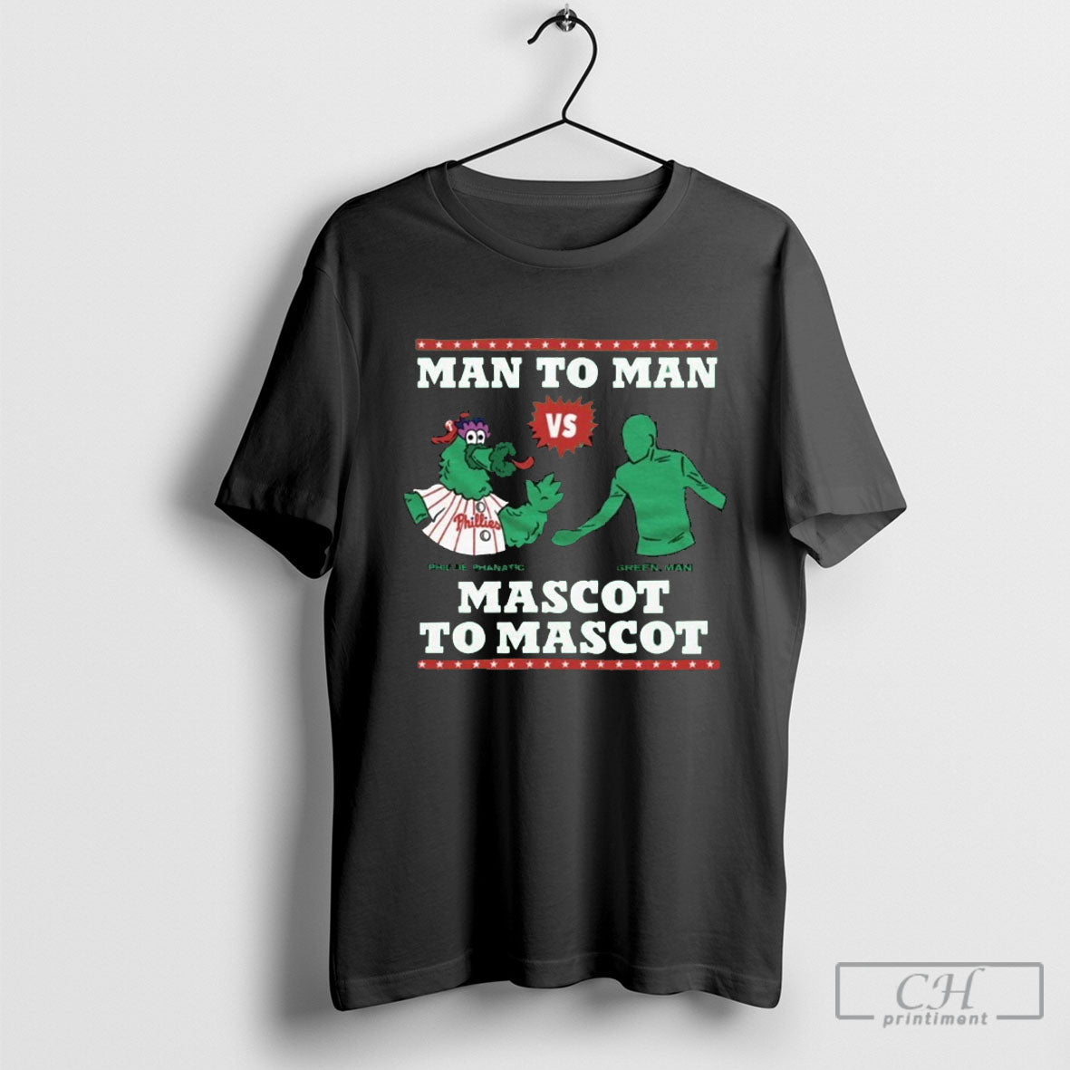 Official Phillie Phanatic Vs Green Man To Mascot - Adult & Kids T-Shirts, Sweatshirts & Hoodies apparel design preview 1