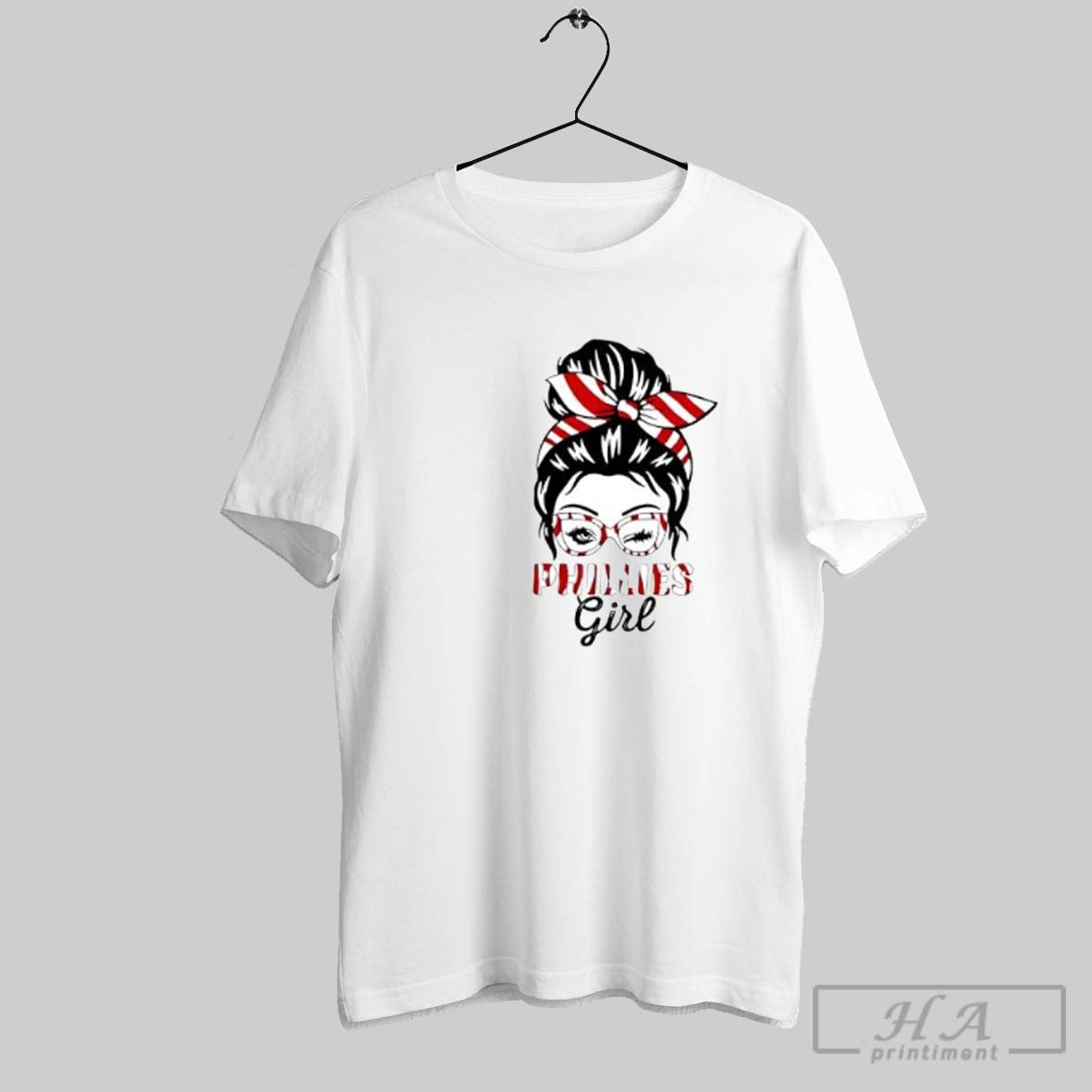 Official Phillies Girl Messy Bun Winking Eye Red - Adult & Kids T-Shirts, Sweatshirts & Hoodies apparel design preview 1