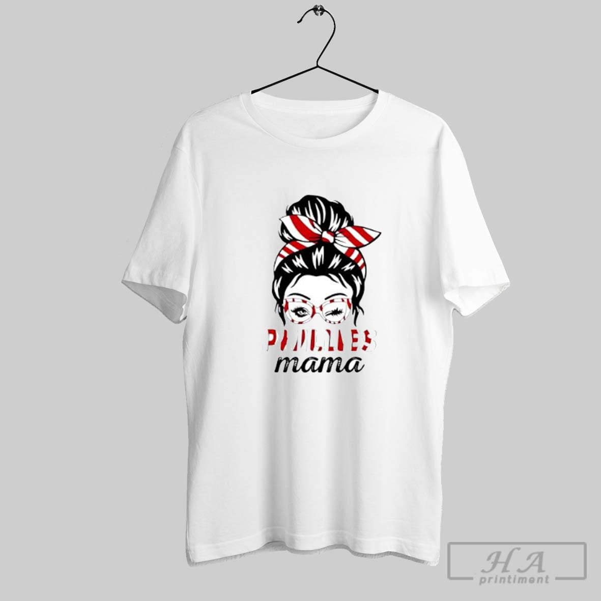 Official Phillies Mama Messy Bun Winking Eye Baseball - Adult & Kids T-Shirts, Sweatshirts & Hoodies apparel design preview 1