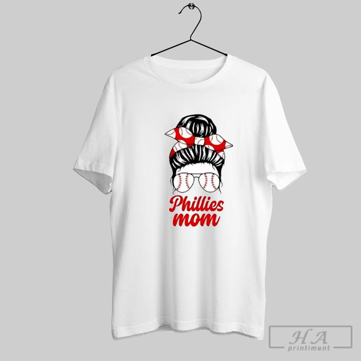 Official Phillies Mom Messy Bun Winking Eye Baseball - Adult & Kids T-Shirts, Sweatshirts & Hoodies apparel design preview 1
