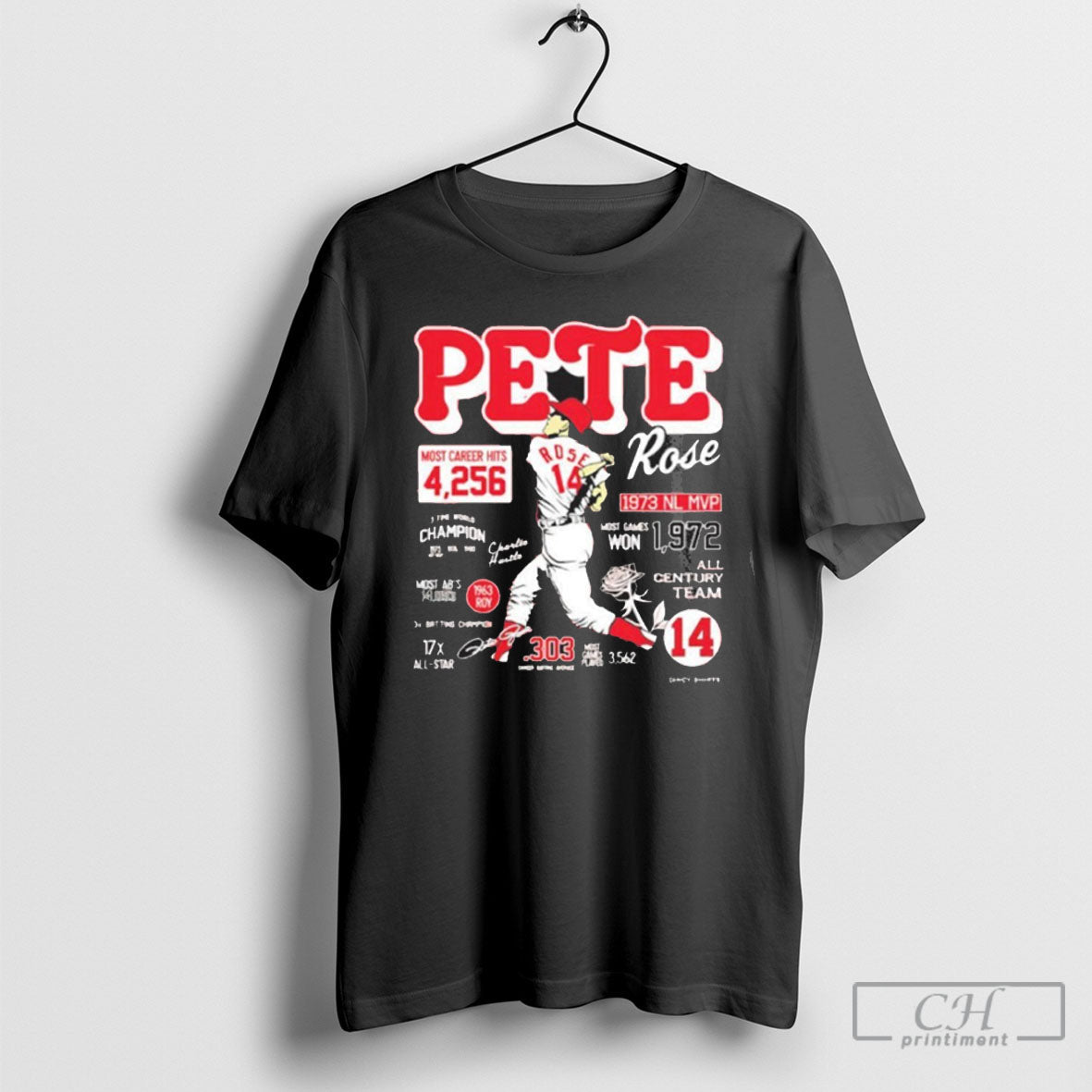 Pete Rose Player Cincinnati Reds Career Stats - Adult & Kids T-Shirts, Sweatshirts & Hoodies apparel design preview 1