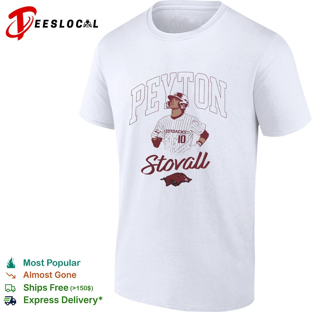 Peyton Stovall Arkansas Razorbacks 10 Baseball - Adult & Kids T-Shirts, Sweatshirts & Hoodies apparel design preview 1