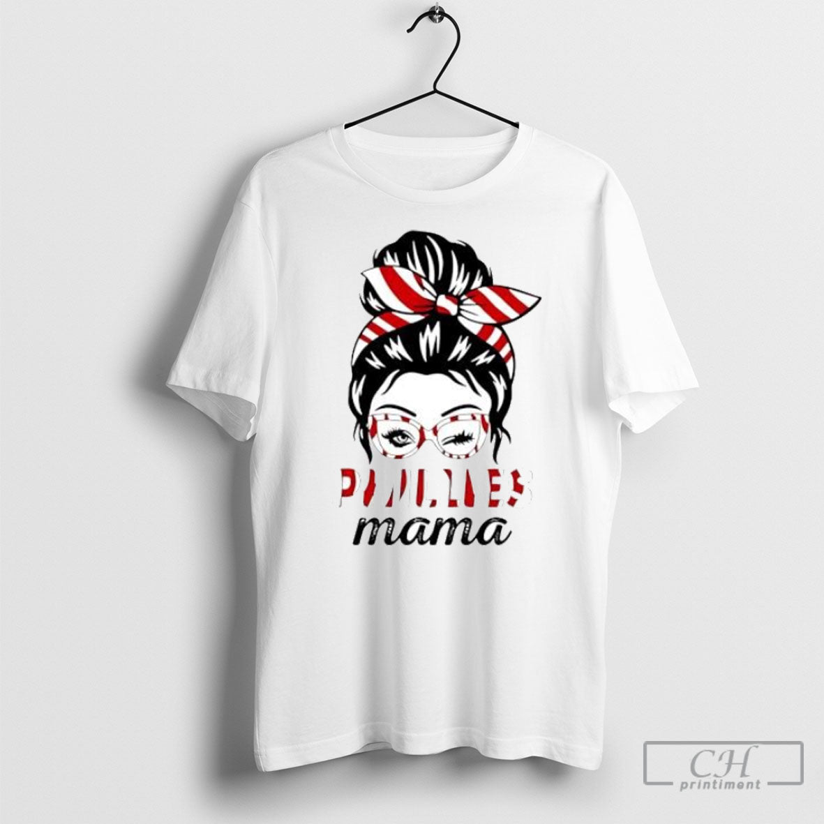 Phillies Mama Messy Bun Winking Eye Baseball Glasses - Adult & Kids T-Shirts, Sweatshirts & Hoodies apparel design preview 1