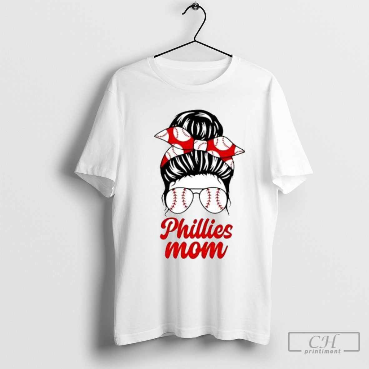 Phillies Mom Messy Bun Winking Eye Baseball Glasses - Adult & Kids T-Shirts, Sweatshirts & Hoodies apparel design preview 1