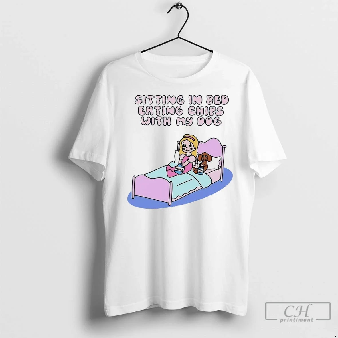Premium Sitting In Bed Eating Chips With My Dog - Adult & Kids T-Shirts, Sweatshirts & Hoodies apparel design preview 1