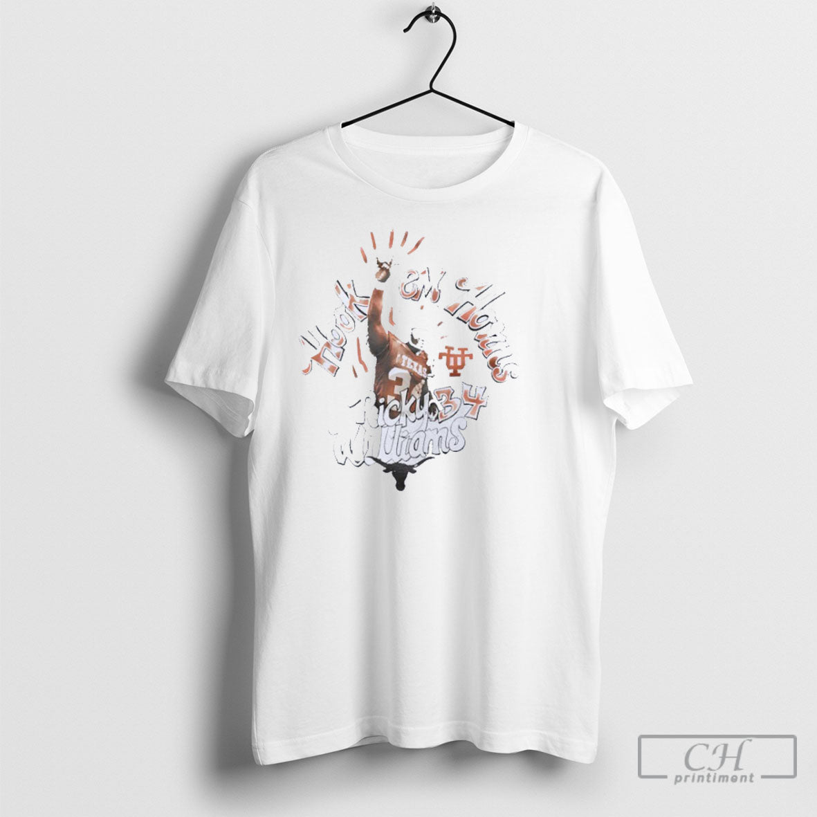 Ricky Williams Texas Longhorns Mascot Hook Em Horns - Adult & Kids T-Shirts, Sweatshirts & Hoodies apparel design preview 1