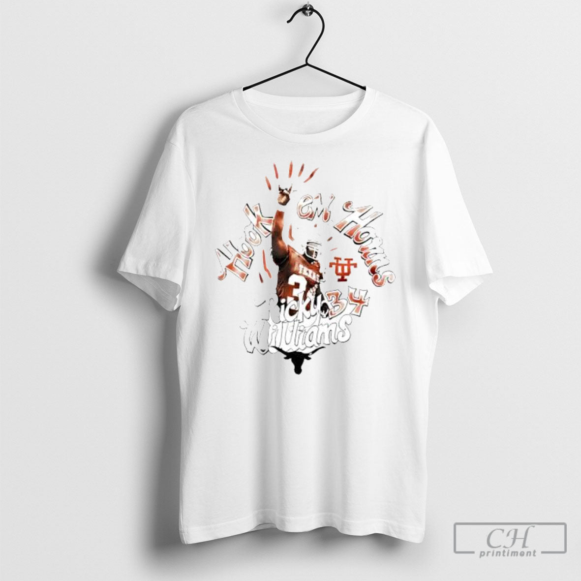 Ricky Williams Texas Longhorns Number 34 Hook Em - Adult & Kids T-Shirts, Sweatshirts & Hoodies apparel design preview 1
