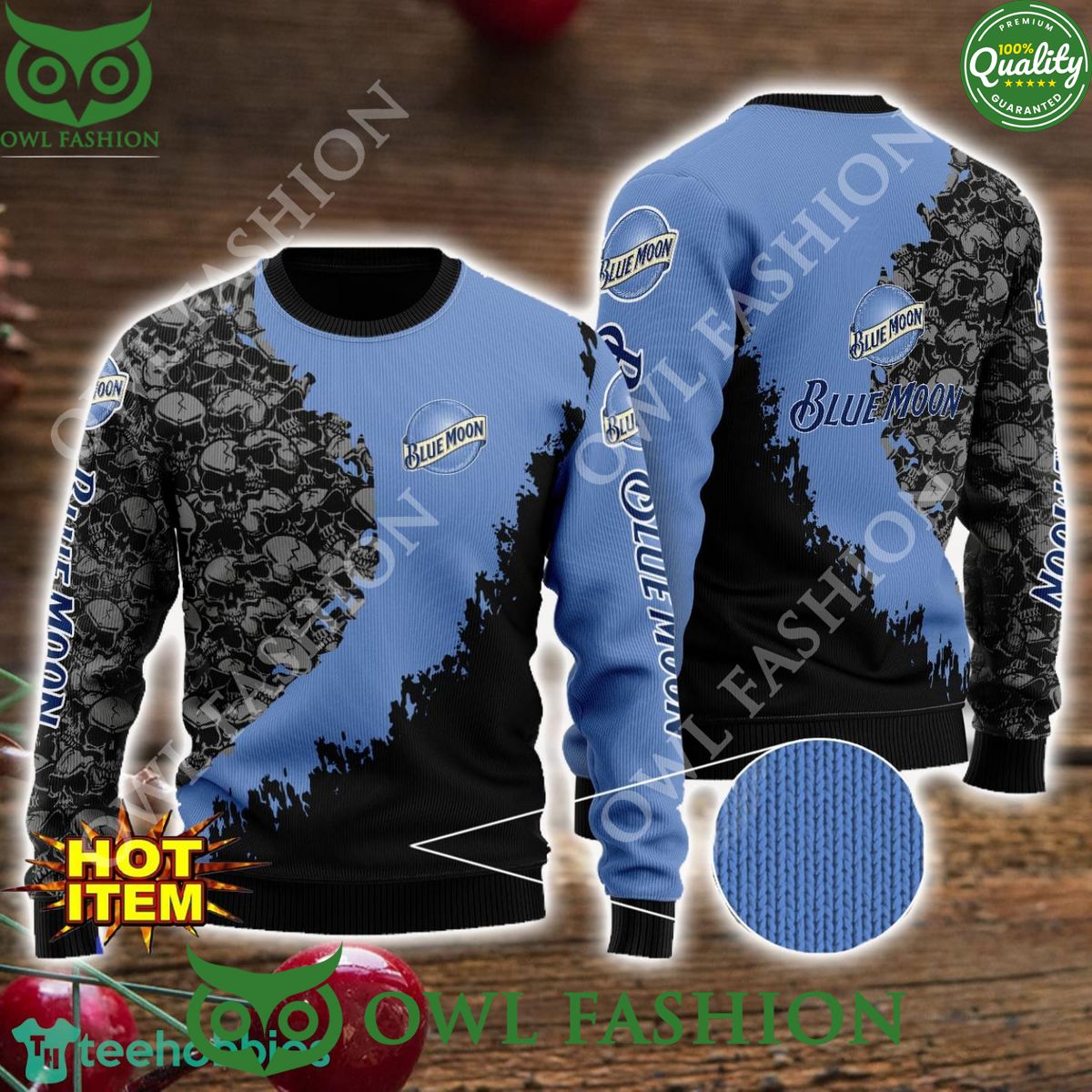 Blue Moon Skull Halloween AOP 3D Ugly Sweater - Adult & Kids T-Shirts, Sweatshirts & Hoodies apparel design preview 1
