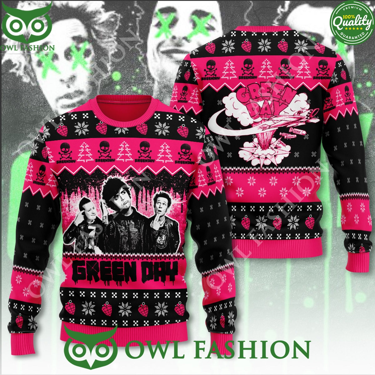Green Day Punk Rock Christmas 3D Ugly Sweater - Adult & Kids T-Shirts, Sweatshirts & Hoodies apparel design preview 1