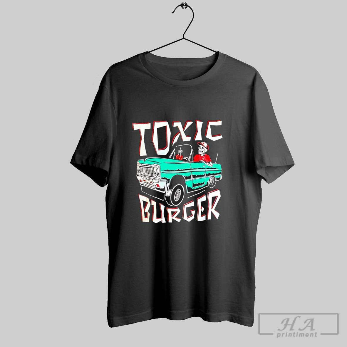 Toxic Burger Impala Skeleton Driving Classic Car - Adult & Kids T-Shirts, Sweatshirts & Hoodies apparel design preview 1