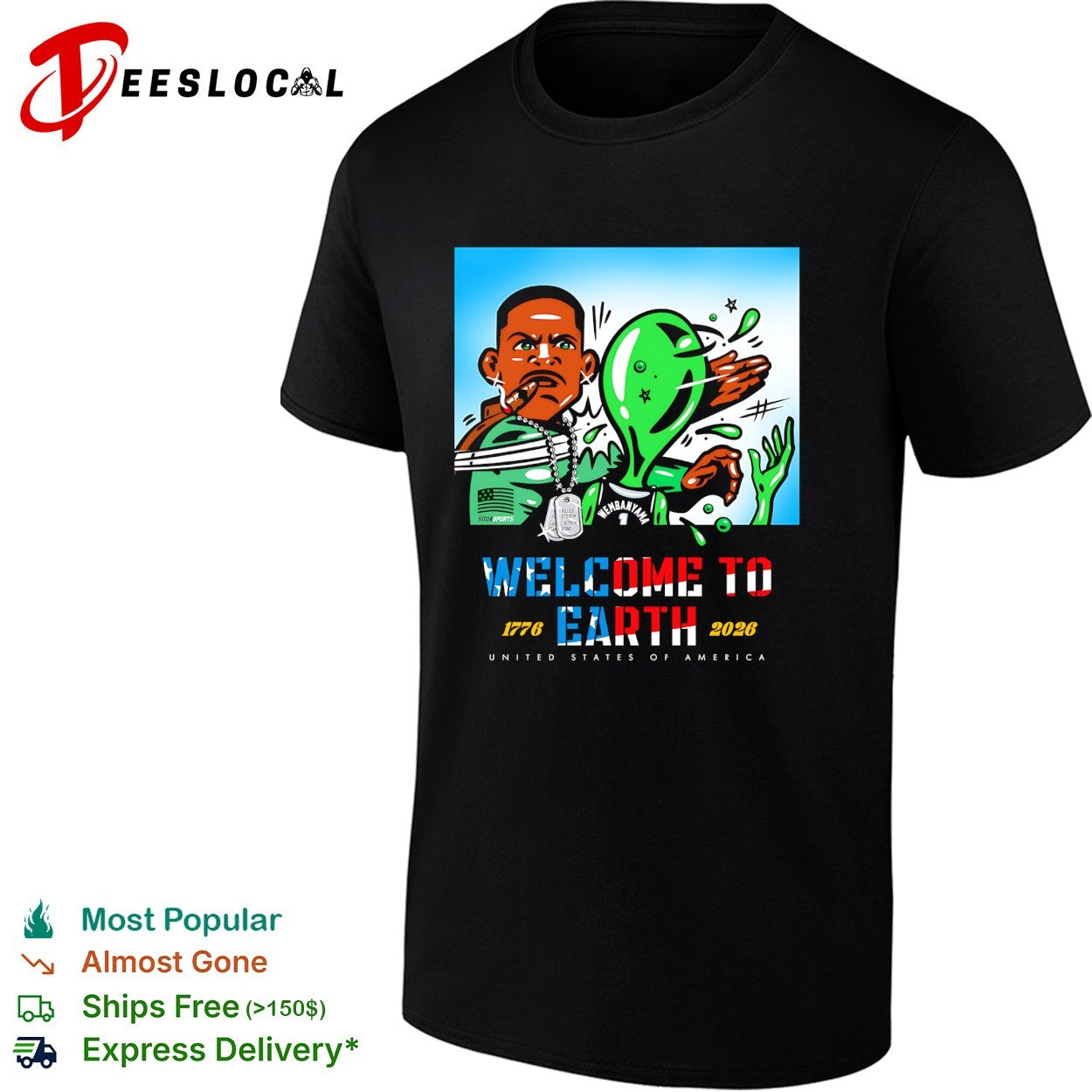 Victor Wembanyama punching alien welcome to Earth USA - Adult & Kids T-Shirts, Sweatshirts & Hoodies apparel design preview 1