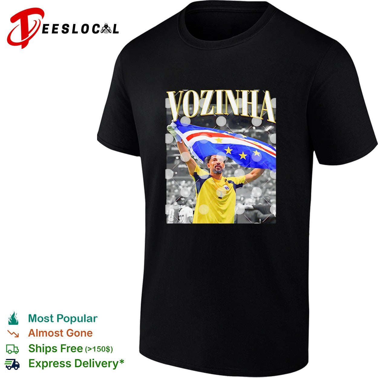 Vozinha Goalkeeper holding Cabo Verde flag at World - Adult & Kids T-Shirts, Sweatshirts & Hoodies apparel design preview 1
