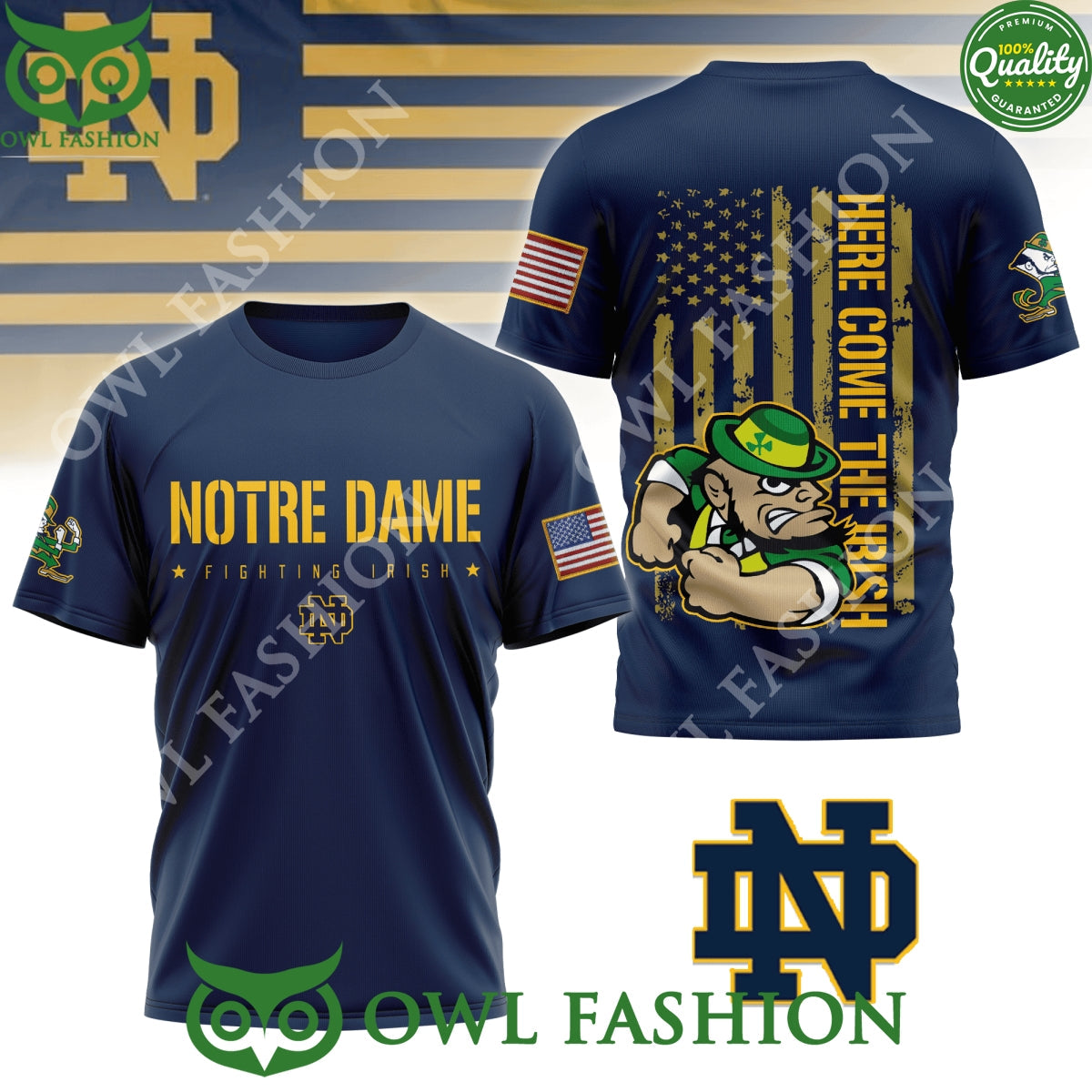 Notre Dame Fighting Irish Here Come The 3D - Adult & Kids T-Shirts, Sweatshirts & Hoodies apparel design preview 1