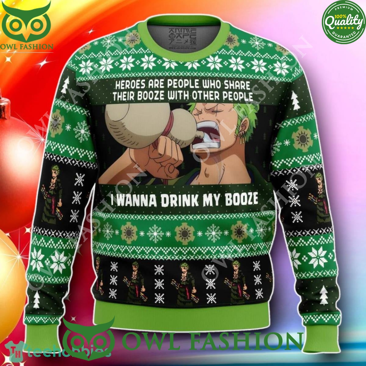 I Wanna Drink My Booze Zoro OP Pirates 2024 Christmas - Adult & Kids T-Shirts, Sweatshirts & Hoodies apparel design preview 1