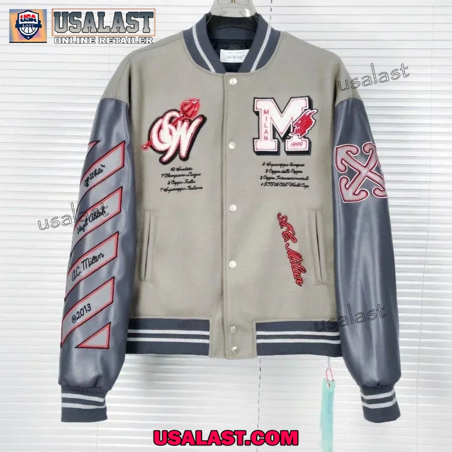 AC Milan Off White Embroidery Baseball Varsity Jacket - Adult & Kids T-Shirts, Sweatshirts & Hoodies apparel design preview 1