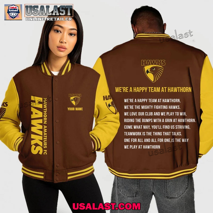 AFL Hawthorn Baseball Jacket We're A Happy Team At - Adult & Kids T-Shirts, Sweatshirts & Hoodies apparel design preview 1