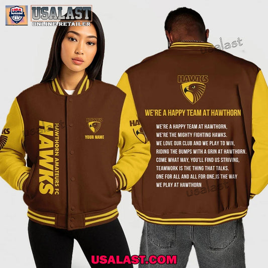 AFL Hawthorn Baseball Jacket We're A Happy Team At - Adult & Kids T-Shirts, Sweatshirts & Hoodies apparel design preview 1