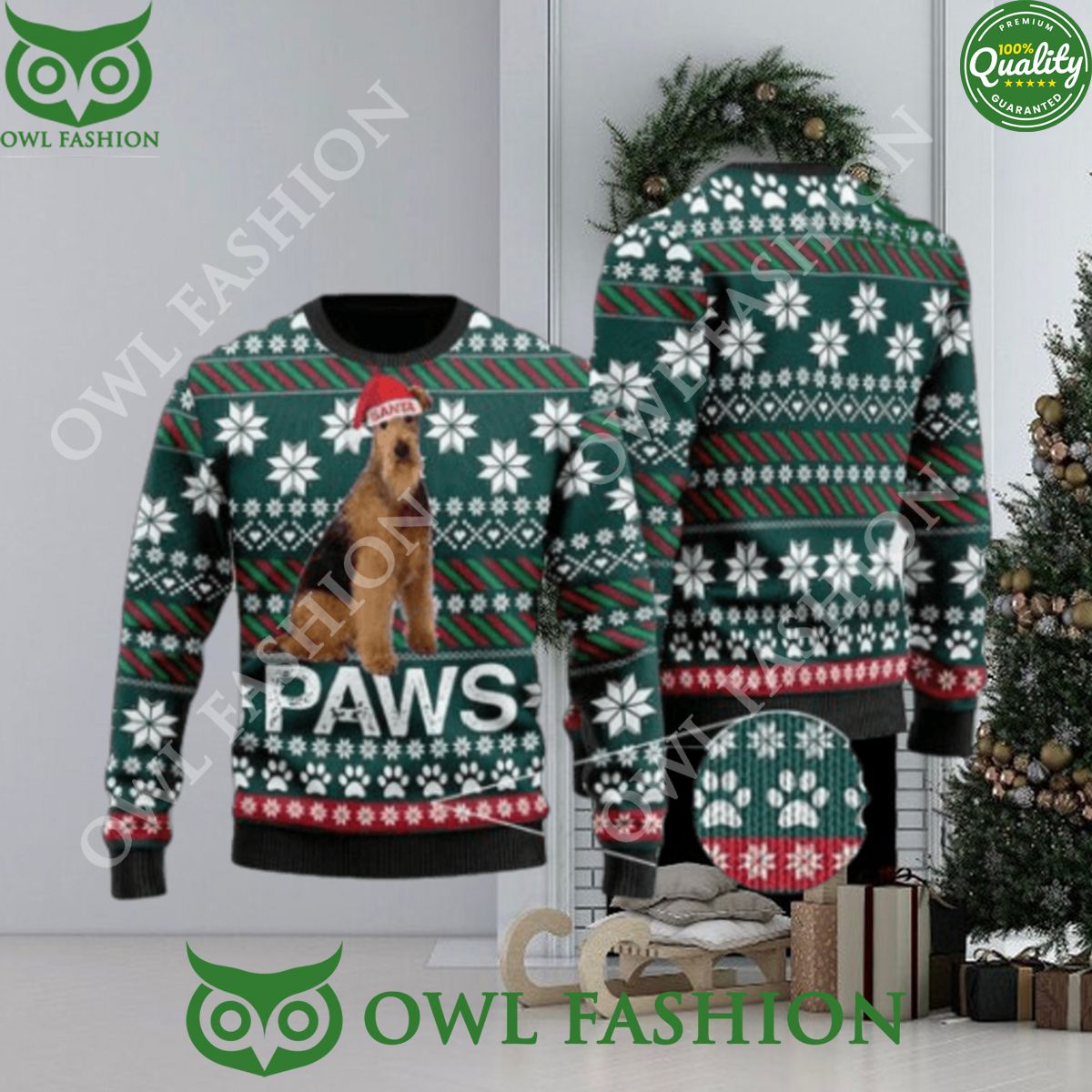 Airedale Terrier Santa Printed Christmas Ugly Sweater - Adult & Kids T-Shirts, Sweatshirts & Hoodies apparel design preview 1