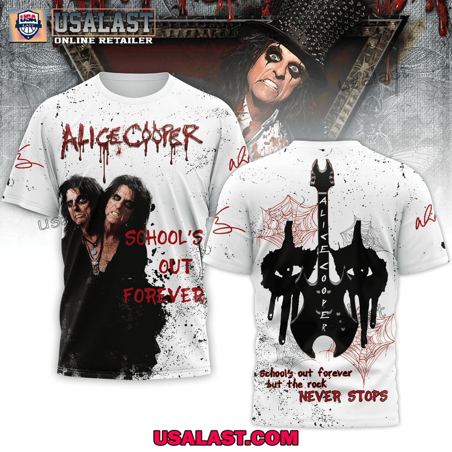 Alice Cooper School's Out Forever But The Rock Never - Adult & Kids T-Shirts, Sweatshirts & Hoodies apparel design preview 1