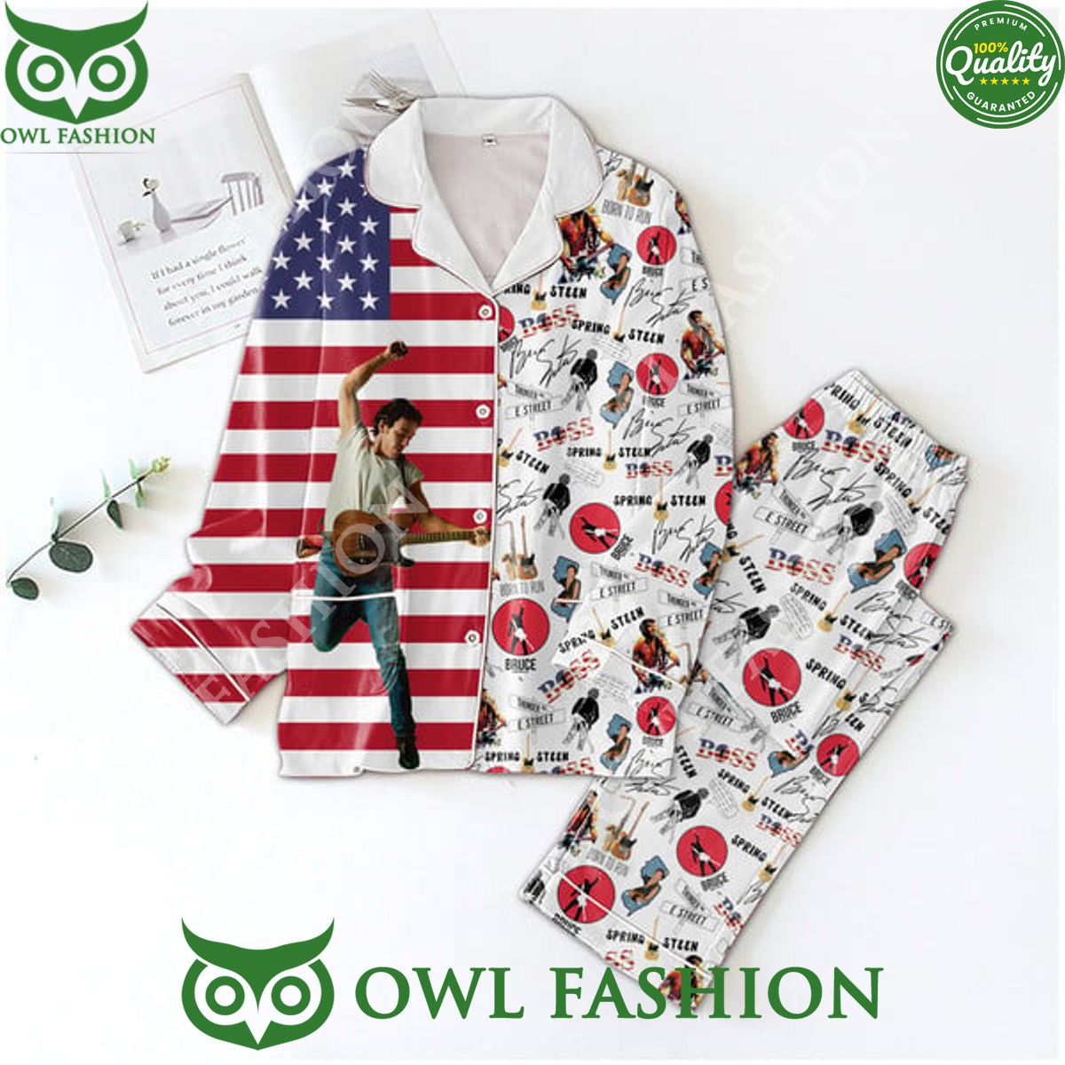 American Flag Bruce Springsteen Button Down Pajamas - Adult & Kids T-Shirts, Sweatshirts & Hoodies apparel design preview 1