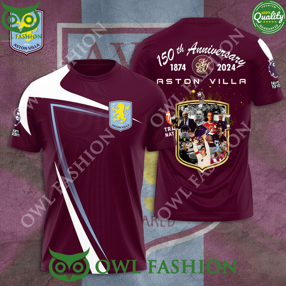 Aston Villa 150th Anniversary 1874 2024 3D - Adult & Kids T-Shirts, Sweatshirts & Hoodies apparel design preview 1