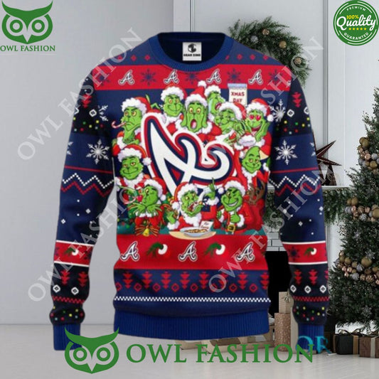 Atlanta Braves Grinch Xmas Day Ugly Christmas Sweater - Adult & Kids T-Shirts, Sweatshirts & Hoodies apparel design preview 1