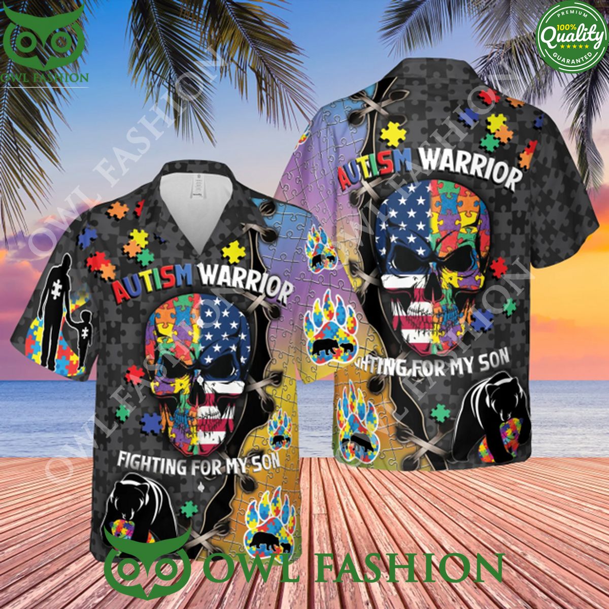 Autism Warrior Fighting For My Son Skull Aloha - Adult & Kids T-Shirts, Sweatshirts & Hoodies apparel design preview 1