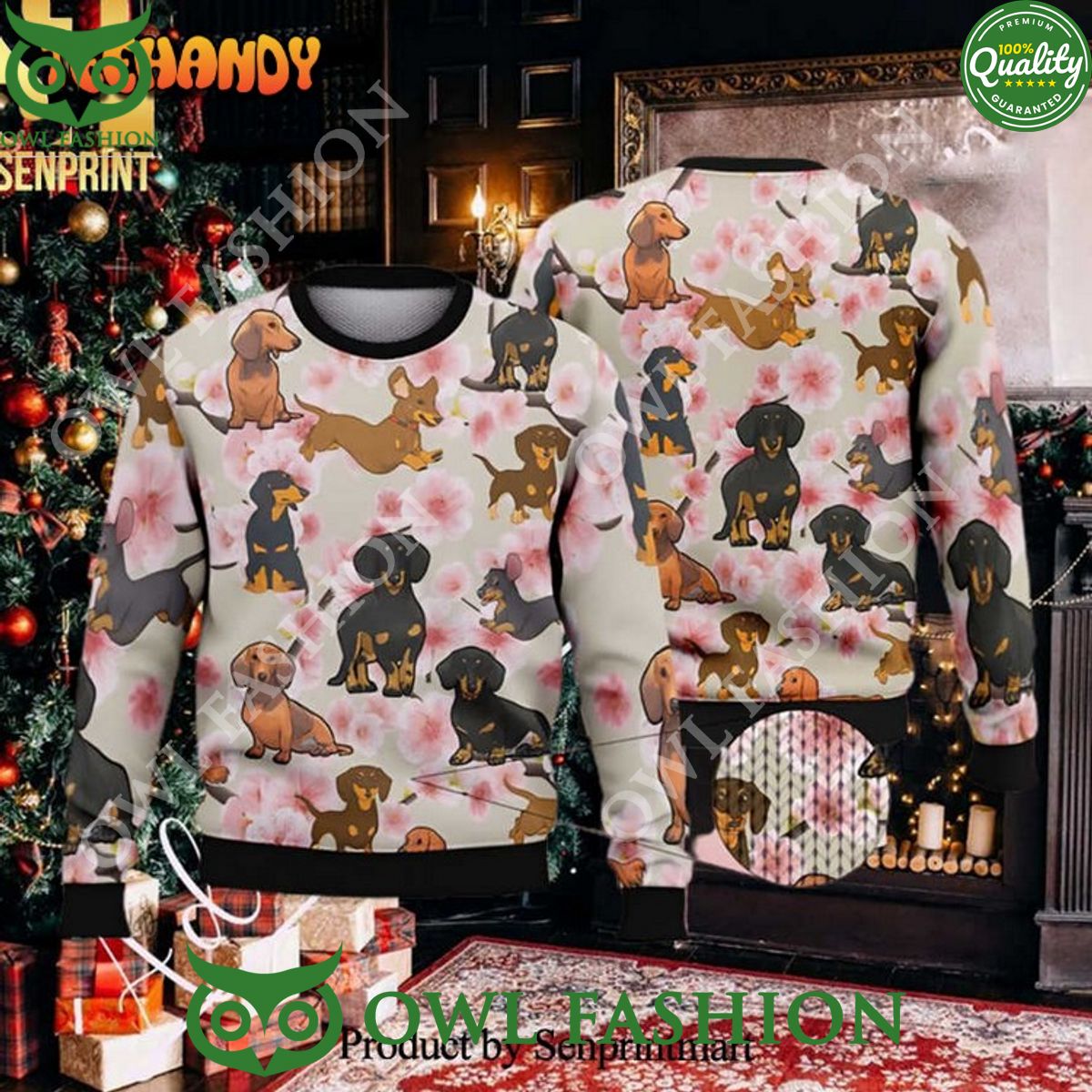 Baby Dachshund Peach Blossom Ugly Xmas Wool Sweater - Adult & Kids T-Shirts, Sweatshirts & Hoodies apparel design preview 1