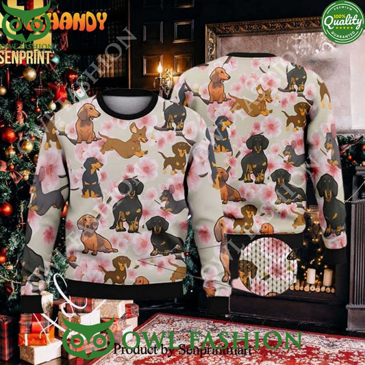 Baby Dachshund Peach Blossom Ugly Xmas Wool Sweater - Adult & Kids T-Shirts, Sweatshirts & Hoodies apparel design preview 1