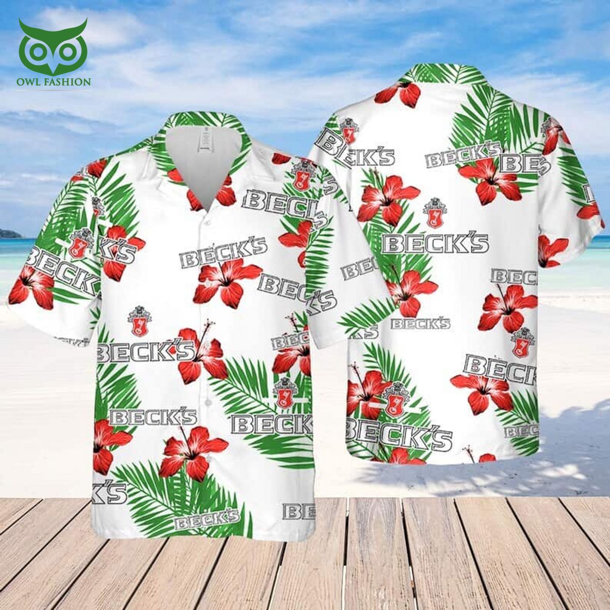 Beck's Beer Hibiscus Flower And Tropical Palm Leaves - Adult & Kids T-Shirts, Sweatshirts & Hoodies apparel design preview 1