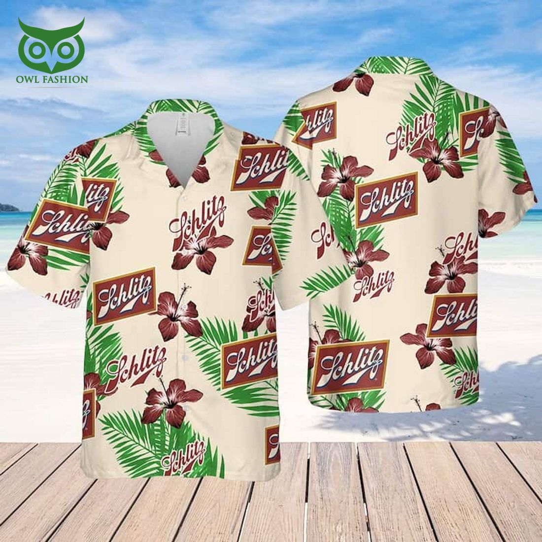 Beige Schlitz Beer Hibiscus Flower Palm Leaves - Adult & Kids T-Shirts, Sweatshirts & Hoodies apparel design preview 1