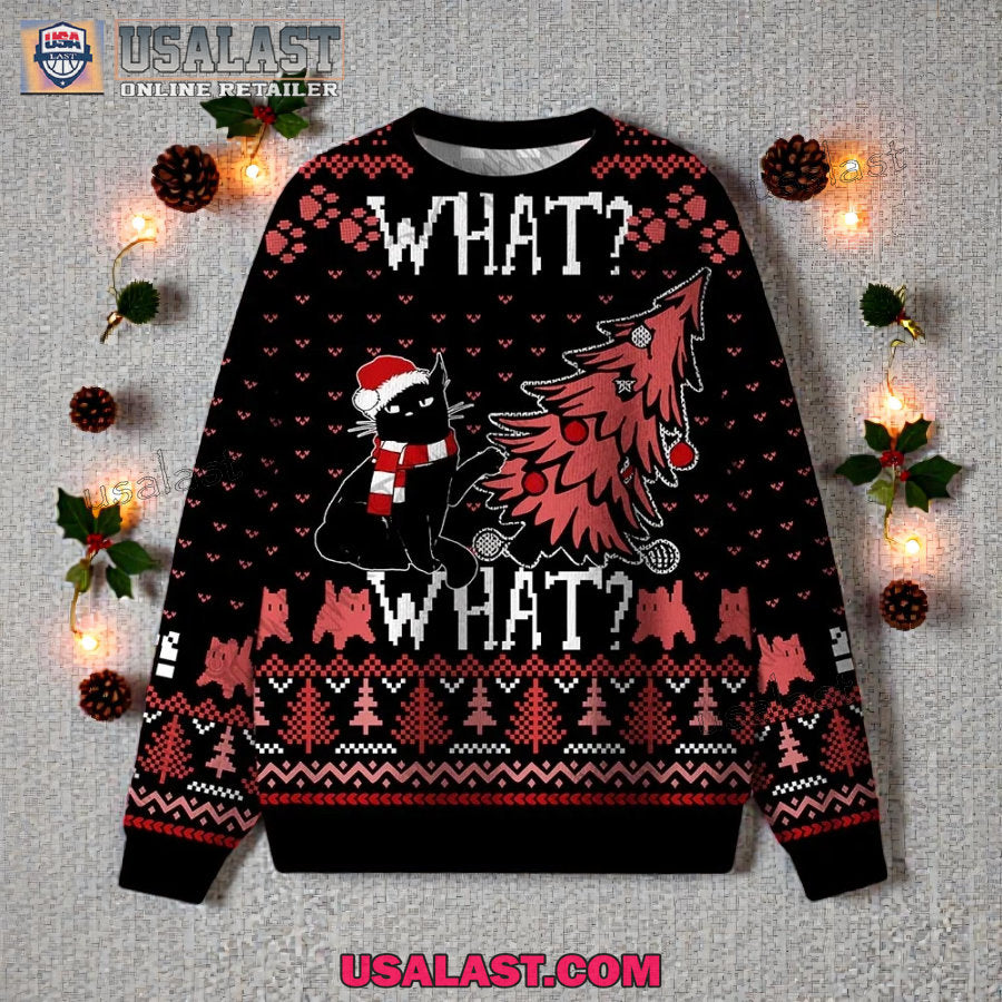 Black Cat What Ugly Christmas Sweater - Adult & Kids T-Shirts, Sweatshirts & Hoodies apparel design preview 1