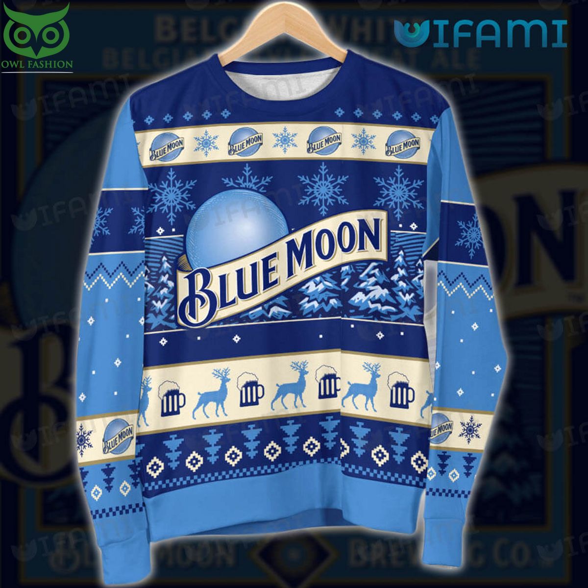 Blue Moon Beer Ugly Sweater Snowflakes Reindeer - Adult & Kids T-Shirts, Sweatshirts & Hoodies apparel design preview 1
