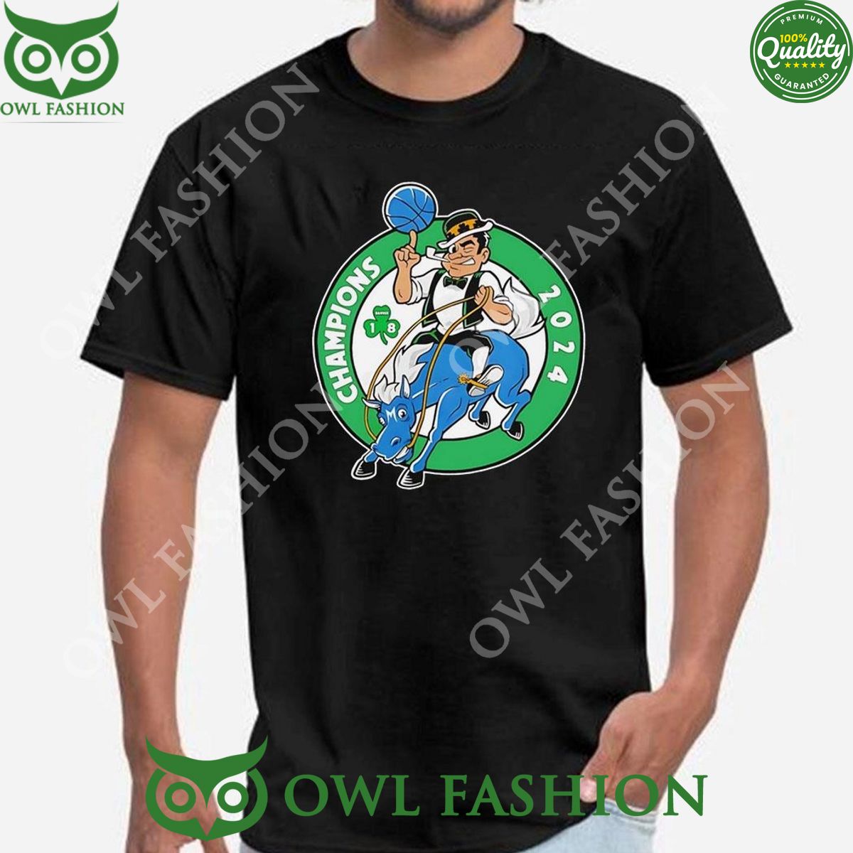 Boston Celtics Riding Dallas Mavericks Mascot 2024 - Adult & Kids T-Shirts, Sweatshirts & Hoodies apparel design preview 1