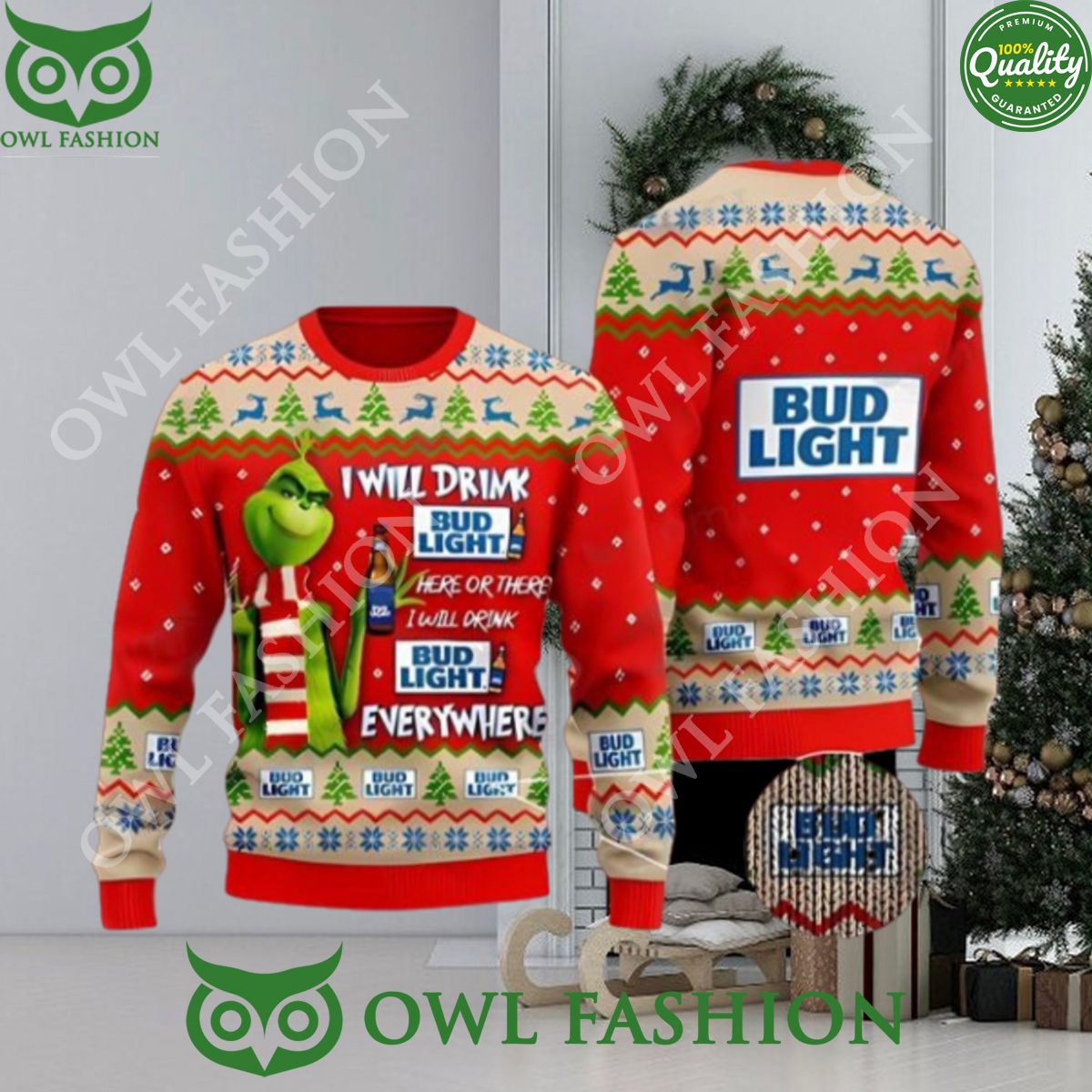 Bud Light Grinch Ugly Beer Christmas Sweater Xmas 3D - Adult & Kids T-Shirts, Sweatshirts & Hoodies apparel design preview 1