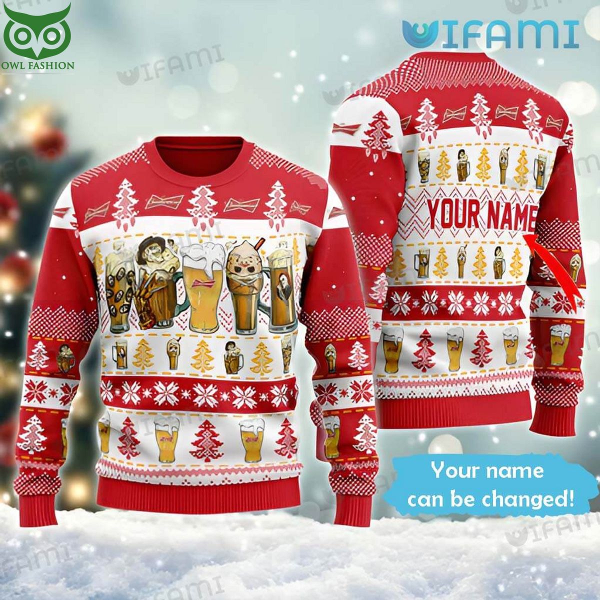 Budweiser Ugly Sweater Horror Characters Custom Name - Adult & Kids T-Shirts, Sweatshirts & Hoodies apparel design preview 1