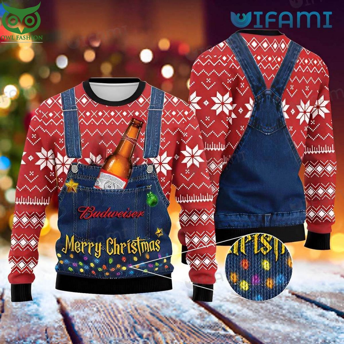 Budweiser Ugly Sweater Suspenders Merry Christmas - Adult & Kids T-Shirts, Sweatshirts & Hoodies apparel design preview 1