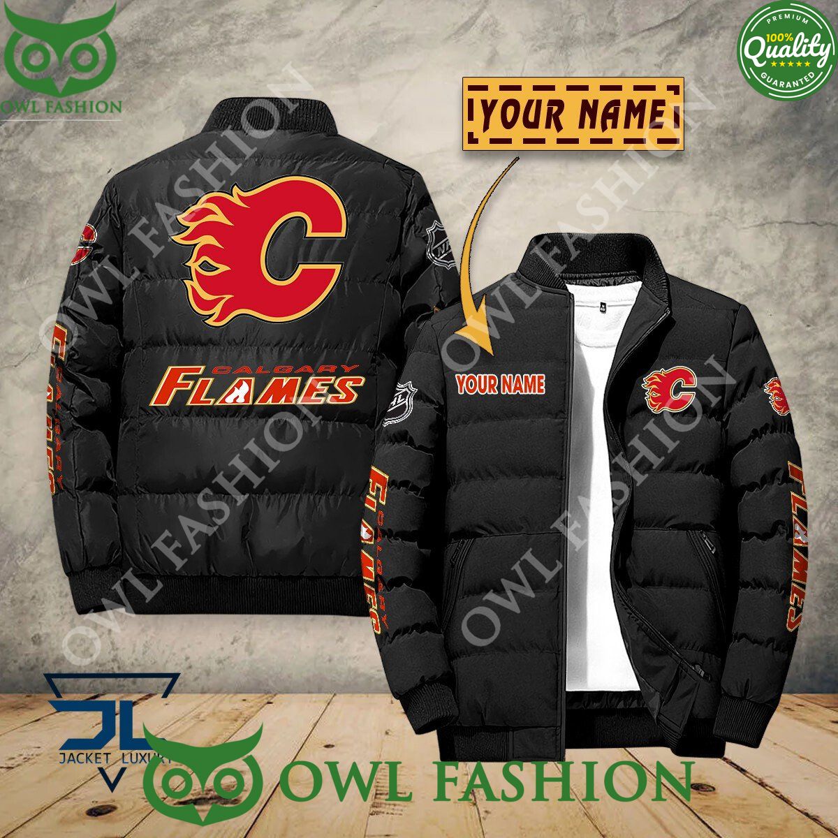 Calgary Flames Custom Name NHL Ice Hockey Puffer - Adult & Kids T-Shirts, Sweatshirts & Hoodies apparel design preview 1