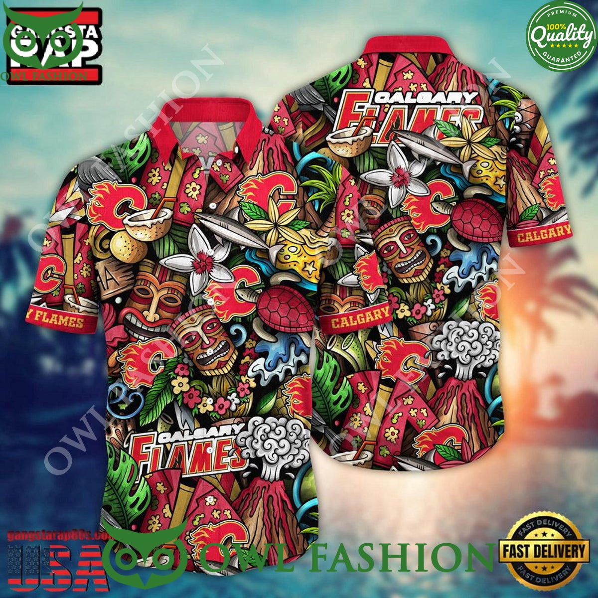Calgary Flames NHL Aloha Pattern Hawaiian - Adult & Kids T-Shirts, Sweatshirts & Hoodies apparel design preview 1