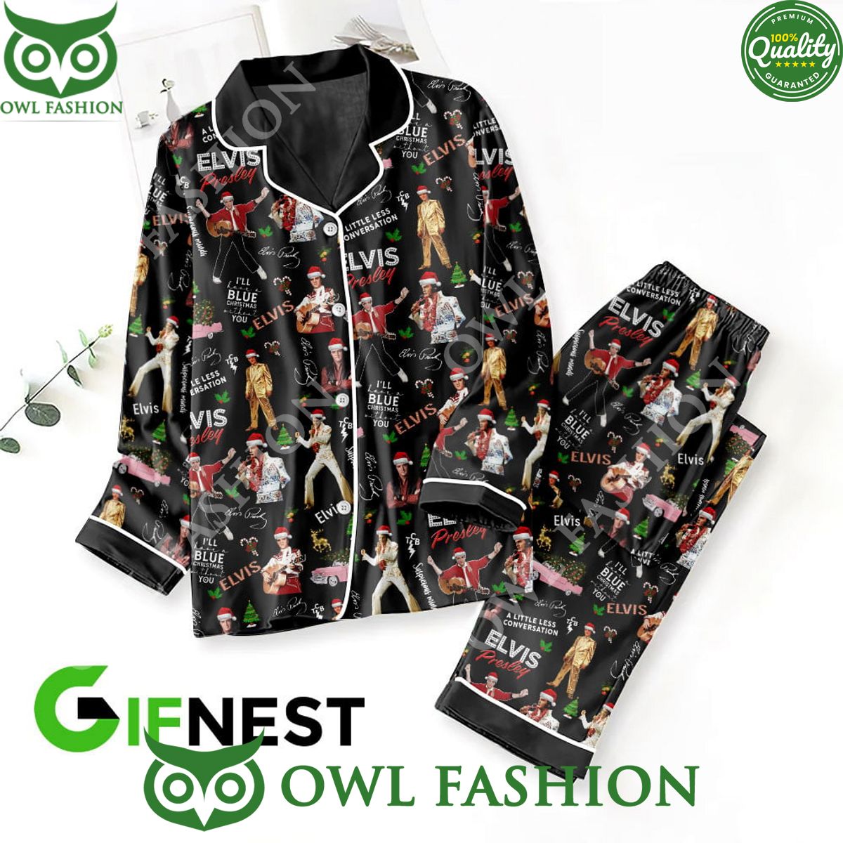Christmas Elvis Presley Button Down Black Pajamas Set - Adult & Kids T-Shirts, Sweatshirts & Hoodies apparel design preview 1