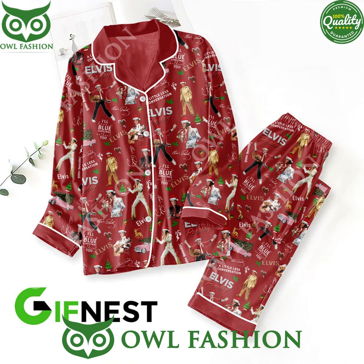 Christmas Elvis Presley Button Down Red Pajamas Set - Adult & Kids T-Shirts, Sweatshirts & Hoodies apparel design preview 1