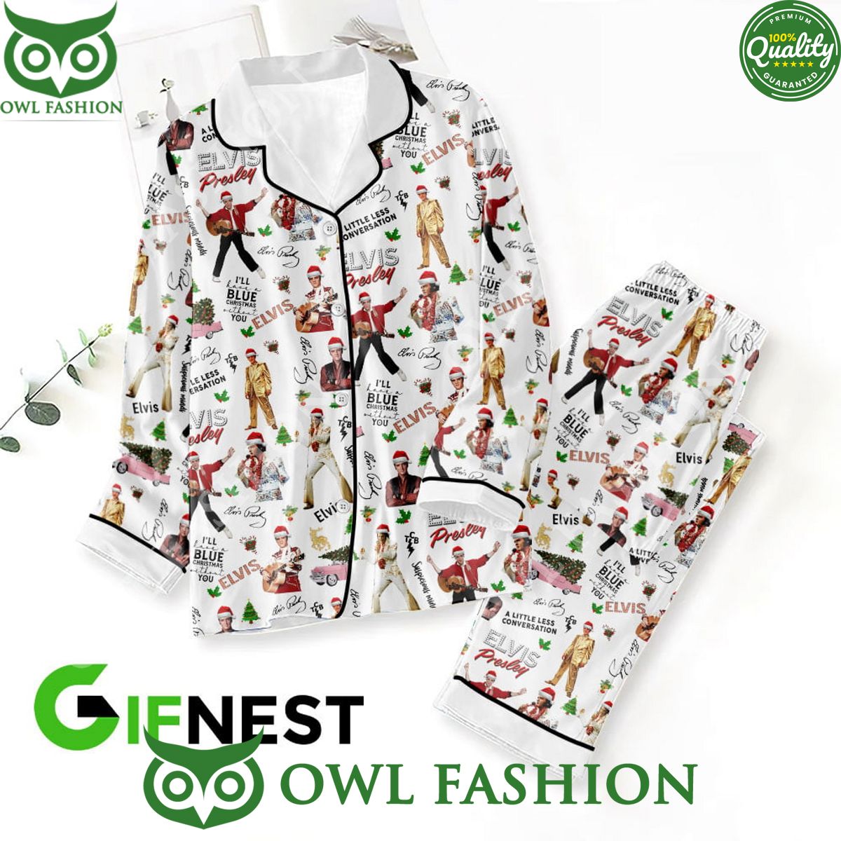 Christmas Elvis Presley Button Down White Pajamas Set - Adult & Kids T-Shirts, Sweatshirts & Hoodies apparel design preview 1