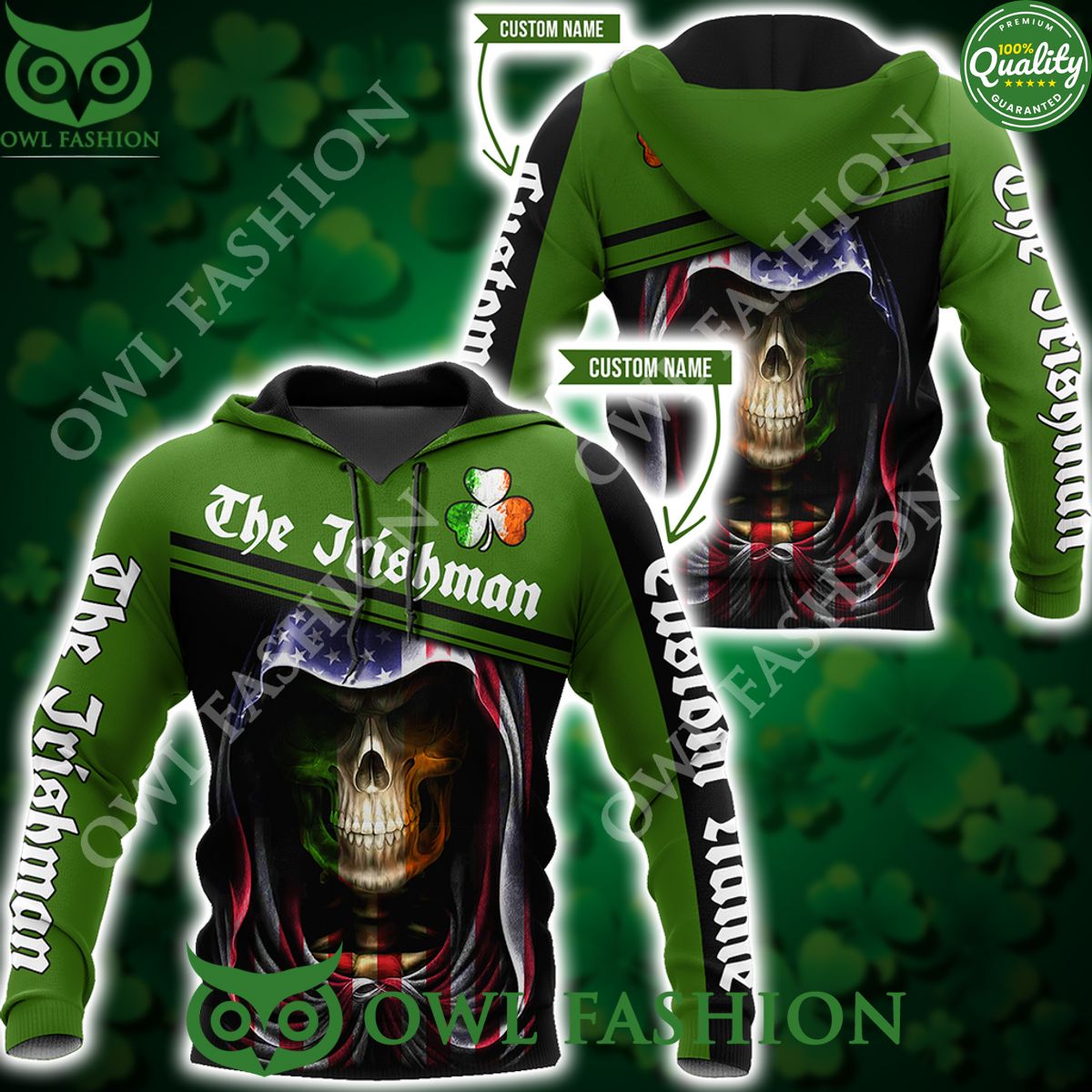 Custom Name Irish Skull St Patrick Day US 3D - Adult & Kids T-Shirts, Sweatshirts & Hoodies apparel design preview 1
