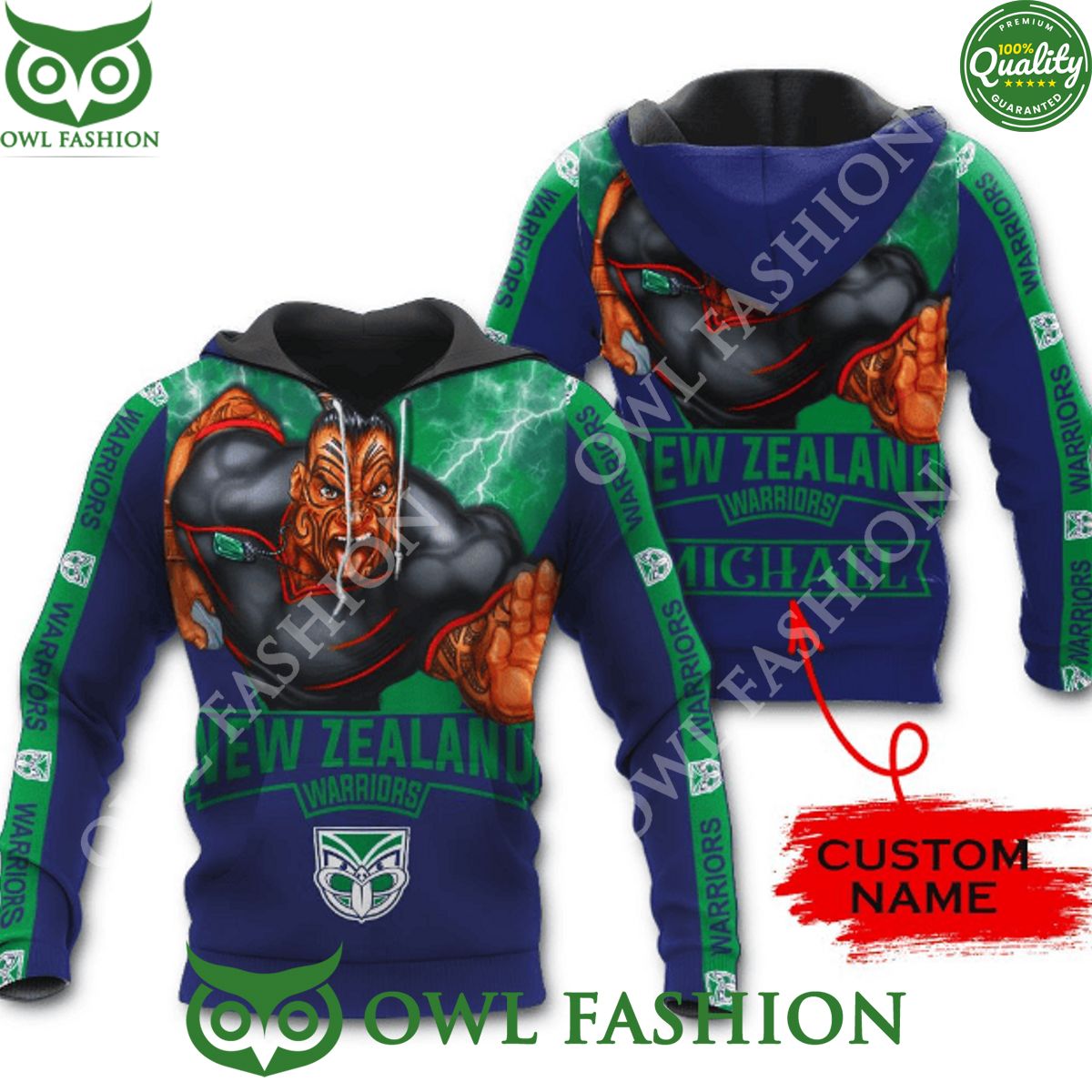 Custom Name New Zealand Warriors NRL Mascot Print 3D - Adult & Kids T-Shirts, Sweatshirts & Hoodies apparel design preview 1