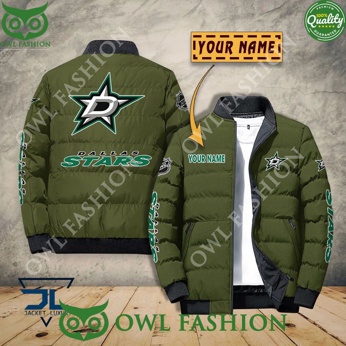 Dallas Stars Custom Name NHL Ice Hockey Puffer Jacket - Adult & Kids T-Shirts, Sweatshirts & Hoodies apparel design preview 1