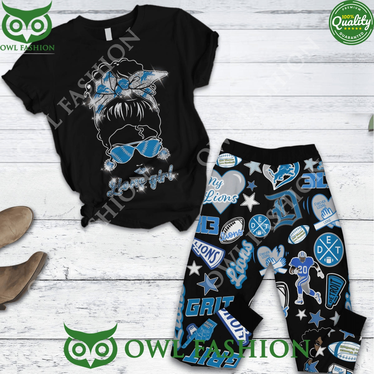 Detroit Lions Girl Symbols Black Pajamas - Adult & Kids T-Shirts, Sweatshirts & Hoodies apparel design preview 1
