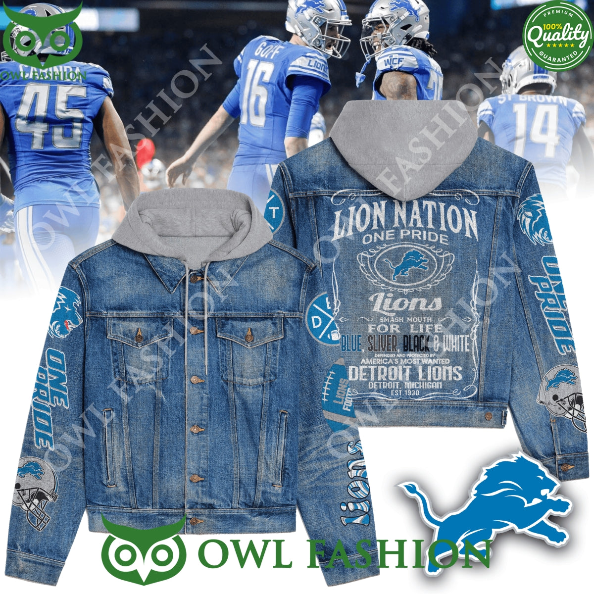 Detroit Lions One Pride Lion Nation For Life Denim - Adult & Kids T-Shirts, Sweatshirts & Hoodies apparel design preview 1