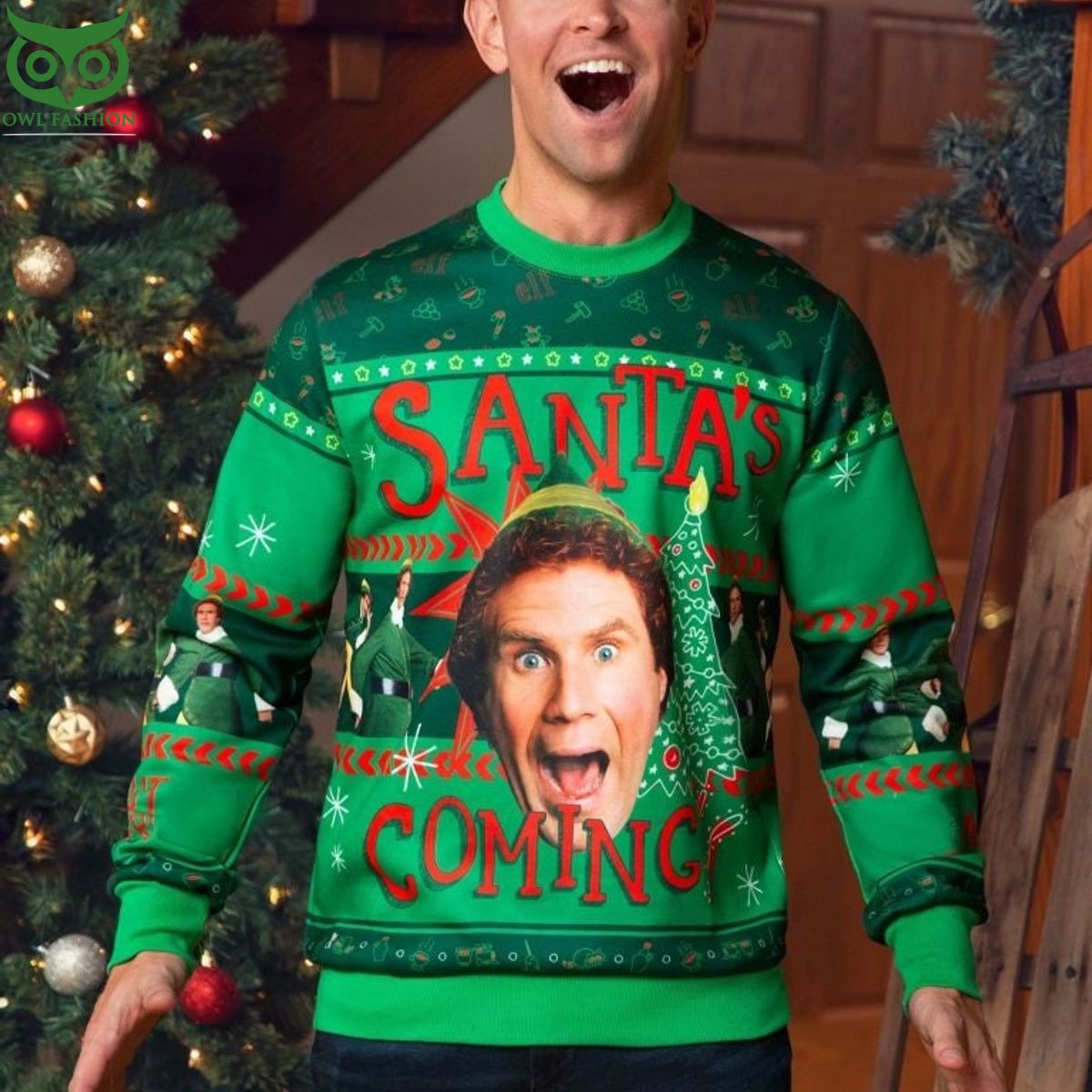 Elf Santa's Coming Santa Is Ugly Christmas Sweater - Adult & Kids T-Shirts, Sweatshirts & Hoodies apparel design preview 1