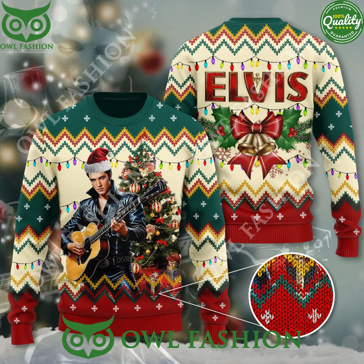 Elvis Presley Playing Guitar Christmas 3D Ugly - Adult & Kids T-Shirts, Sweatshirts & Hoodies apparel design preview 1