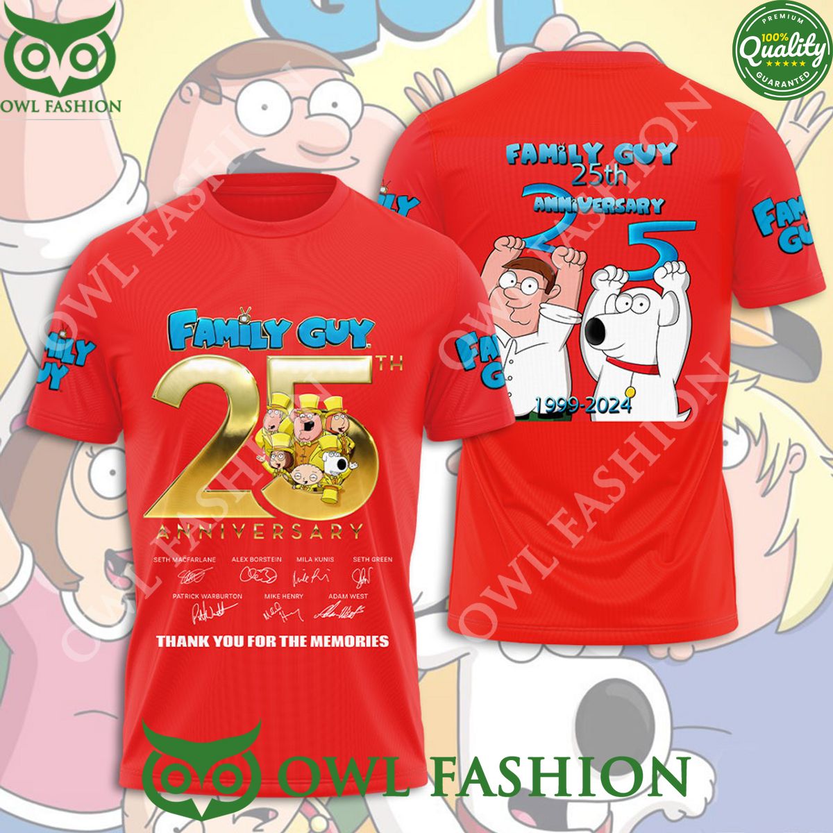 Family Guy 25th Anniversary 1999 2024 Red 3D - Adult & Kids T-Shirts, Sweatshirts & Hoodies apparel design preview 1